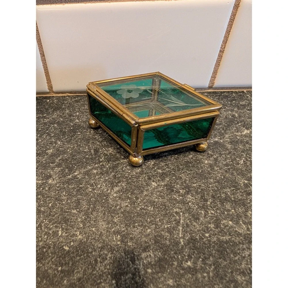Vintage Mexican Brass Emerald Green Etched Glass Jewelry Trinket Box Mexico